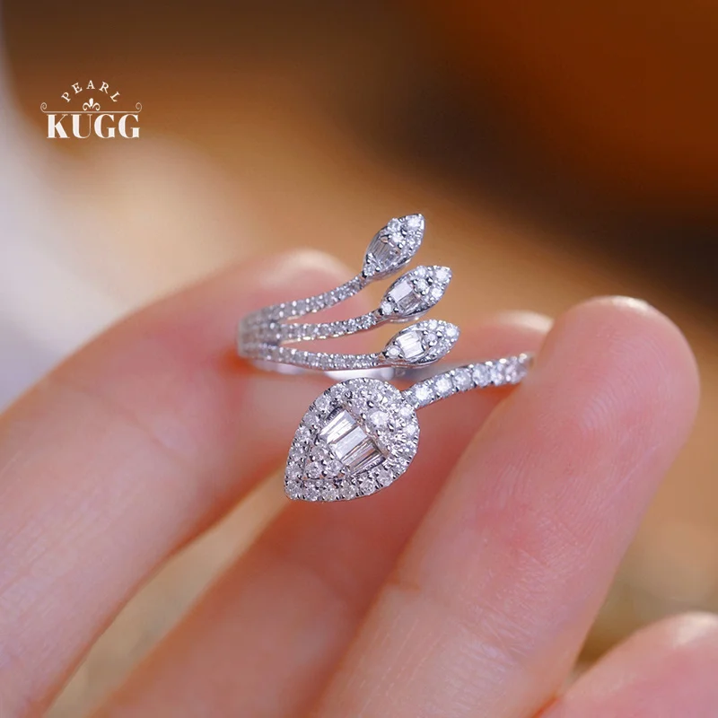 

KUGG 18K White Gold Rings Fashion Elegant Design 0.50carat Real Natural Diamond Engagement Open Ring for Women Party Jewelry