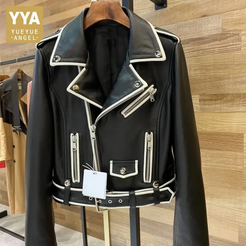 

Short Women Real Leather Biker Jacket Streetwear Slim Sheepskin Coat Elegant Office Zipper Full Sleeve Ladies Outerwear S-XL