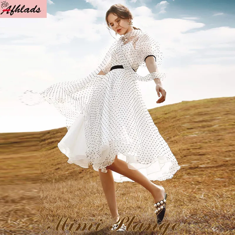 

Summer New Polka Dot High Waist Fake Two-Piece Lantern Short Sleeved Chiffon Dress Bohemian Holiday Bow Lace-Up Women Maxi Vesti