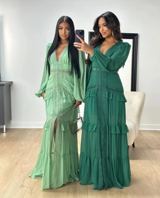 Elegant Womens Maxi Dress Ruffles Long Sleeve Hollow Out Evening Dresses Party Chic Robe Green Blue Purple New In Holiday Summer 1