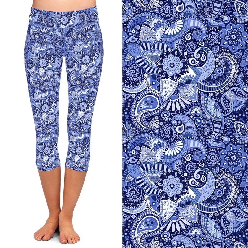 LETSFIND 2021 New Women High Waist Capri Pants 3D Beautiful Paisley Print Soft Slim Mid-Calf Casual Leggings