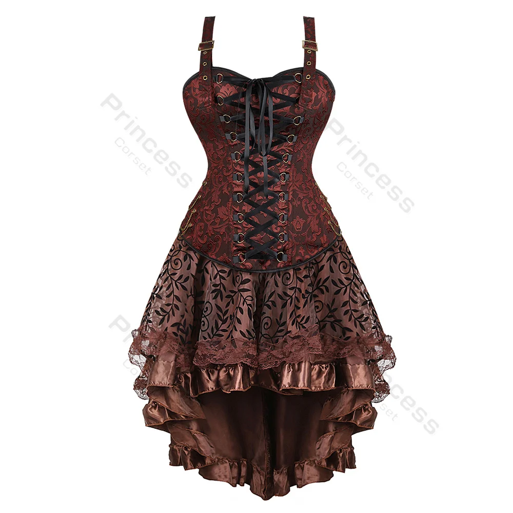 Steampunk Corset Dress Plus Size Burlesque Costume Corset with Straps Adjustable with High Low Skirt Pirate Corset Dresses Brown