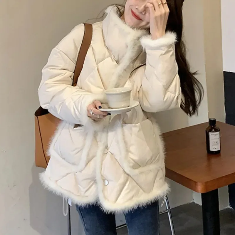 2023 Winter New Stitching Mink Wool Cotton Jacket Women Winter Korean Version Loose and Thin Stand-up Collar Warm Jacket Women