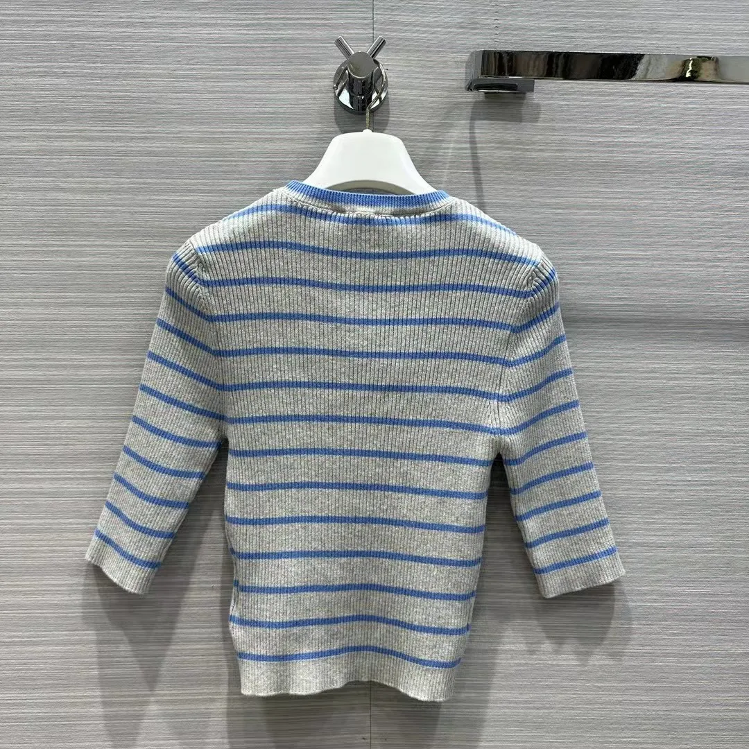 

2023 New fashion good quality runway gray blue striped slim small short knitted top