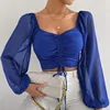 Ladies Blusas Summer Short Tshirt Woman Clothes Long Sleeve T Shirt Sexy V-neck Women T Shirt Casual Drawstring Crop Tops Tee - Image 2