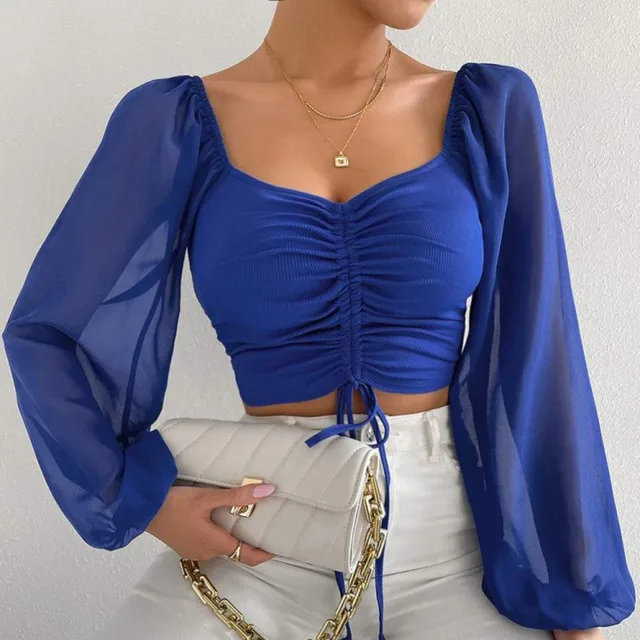 Ladies Blusas Summer Short Tshirt Woman Clothes Long Sleeve T Shirt Sexy V-neck Women T Shirt Casual Drawstring Crop Tops Tee - Image 2