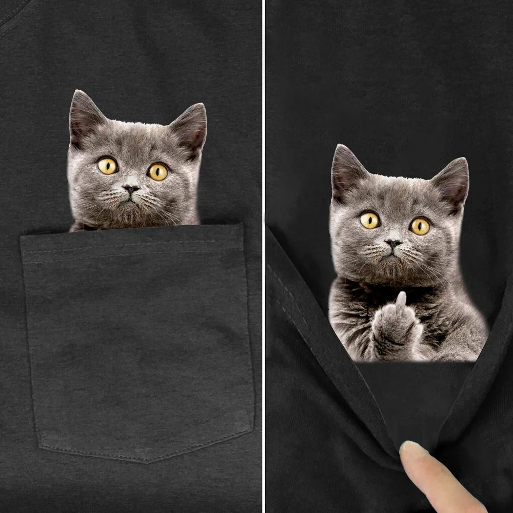 Cilocl Animal T-Shirt Fashion Brand Summer Pocket Cat Stickers T-Shirt Stampata Camicie Da Donna Da Uomo Hip Hop Top Divertenti Magliette In Cotone