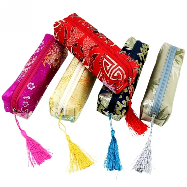 10pcs Tassel Long Chinese style  Zipper Pouch Bags Silk Brocade Necklace Jewelry Storage Pouches Cosmetic Makeup Pencil Cases