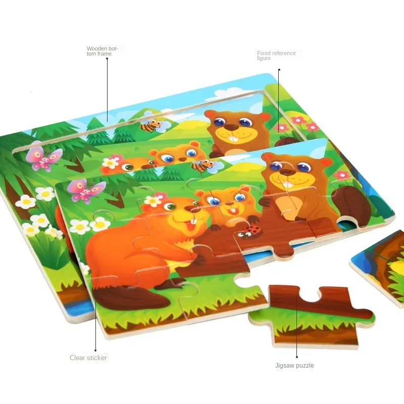 1pc 11*15cm Wooden Jigsaw Puzzle Cartoon Animal Parent-child Theme Puzzles Game Kids Montessori Educational Toys for Children 5