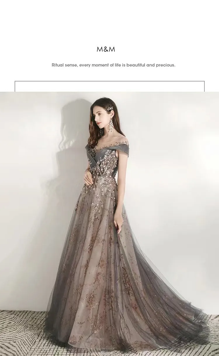 Luxury Prom Dress Off Shoulder A-Line Beading Exquisite Sequins Illusion Scoop Neck Gray Spray Gold Tulle Ceremony Evening Gowns burgundy prom dresses