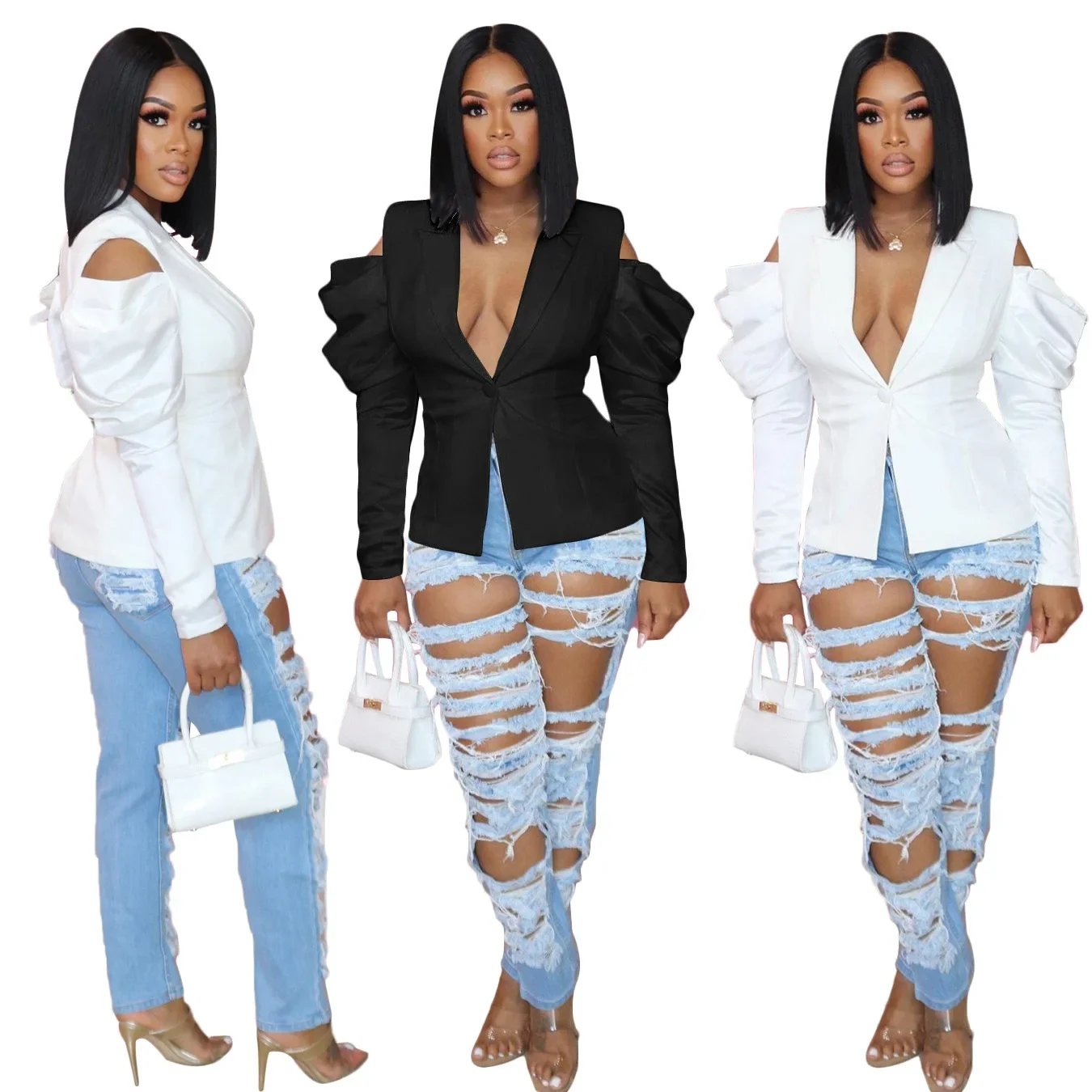 2024 Fashion Women Blazers Full Puff Sleeve Notched Collar Single Button Tops Offiece Lady Suit Jacket Outfit Winter Clothing