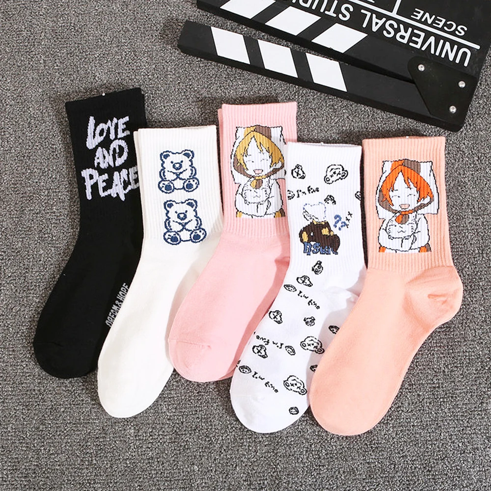 5Pairs Cute Fashion Socks Korean Medium Tube Autumn Winter Comfortable Breathable Socks Men Street Sports Basketball Cotton Sock
