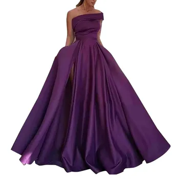 One Shoulder Satin Formal Dress for Women with High Slit