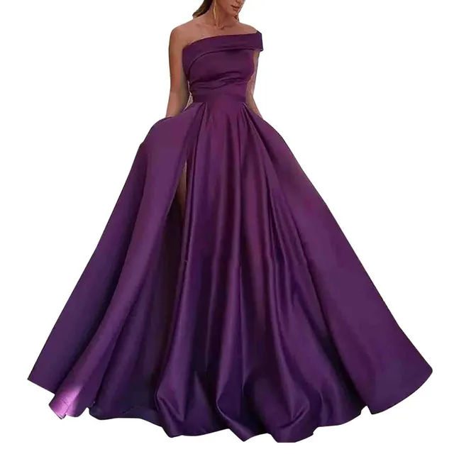 One Shoulder Satin Formal Dress for Women with High Slit