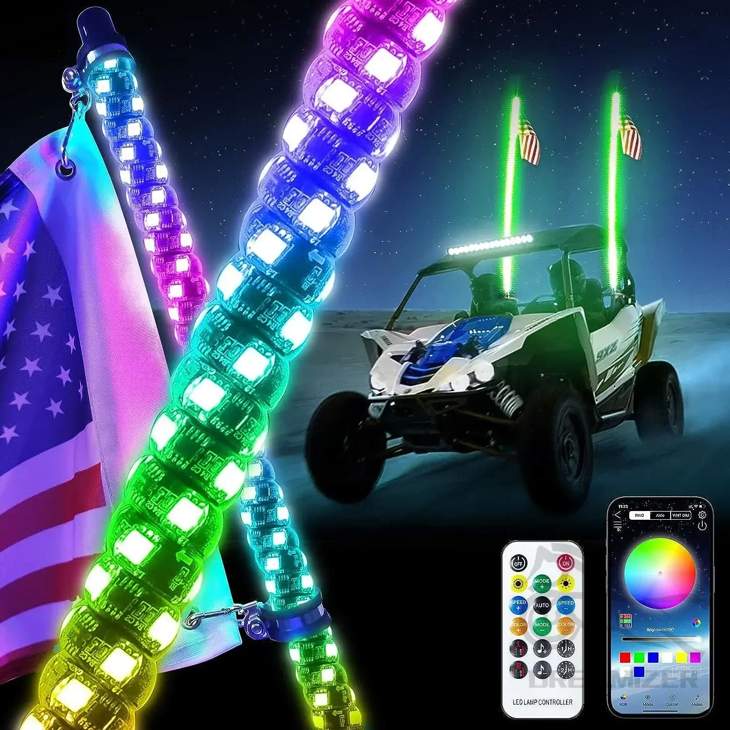 VI9000 2-Pack 2FT LED Whip Lights – RGB, App & Remote Control, Spring Base, Music Sync For UTV/ATV - View #2