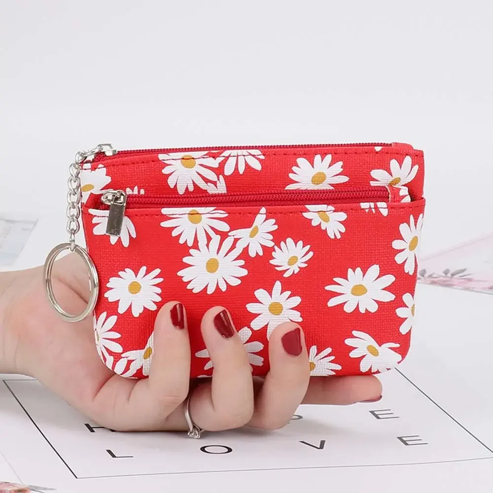 Daisy Print Coin Purse Women Wallets Clutch Zipper Keychain Small Coin Pouch Key Card Holder