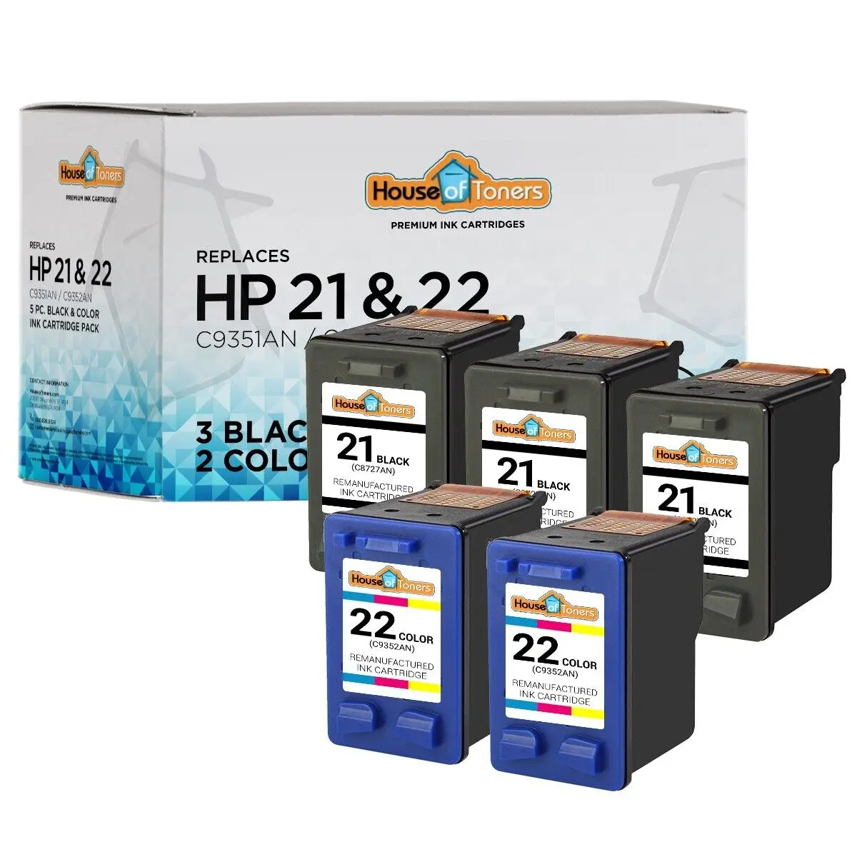 

5pk BLACK COLOR 21 22 C9351AN C9352AN Ink Cartridge for HP PSC 1410 D1360 D2460