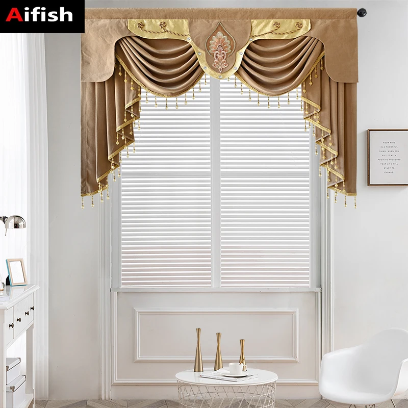 

Brown Luxury Embroidered Valance Curtain Head European Waterfall Wave Scallop Curtain for Living Room Rod Pocket Window Drapes