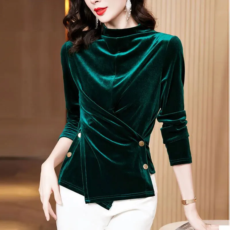 

Female Clothing Solid Color Asymmetrical T-shirt Spring Autumn Button Half High Collar Korean Long Sleeve Commute Slim Pullovers