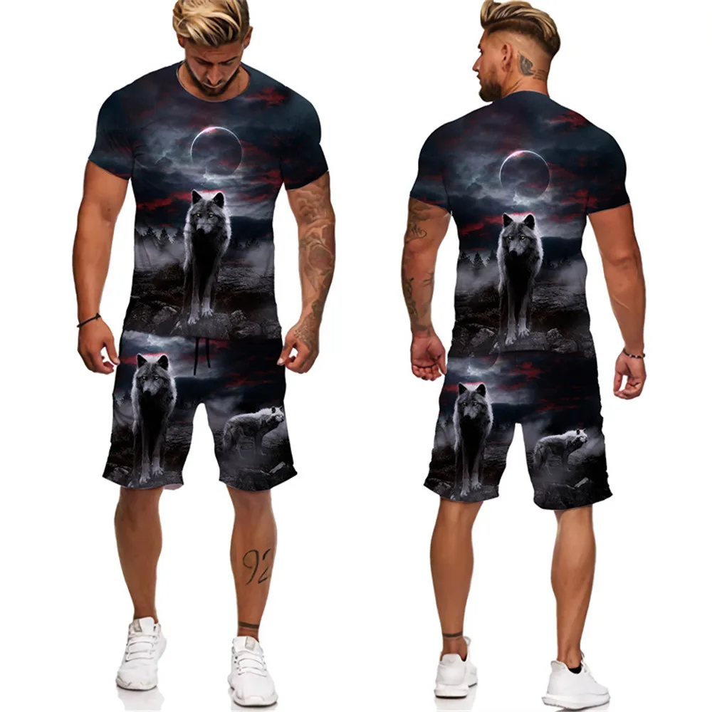 

3D Fashion Wolf Printed T-Shirt/Suit Casual Couple Fashion Tracksuit Summer Short Sleeved O-Neck Men's Tees&Shorts 2 Pcs Set