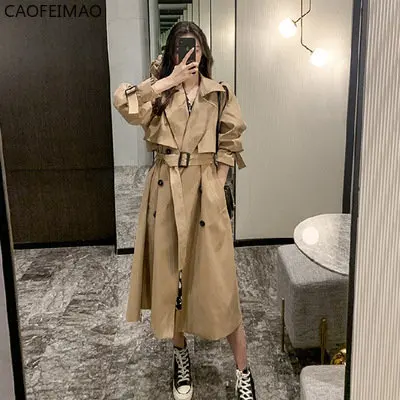 

Womens Autumn Classic Double Breasted Long Trench Jacket with Belt Female Solid Color Lapels Windbreaker Winter Coat for Women