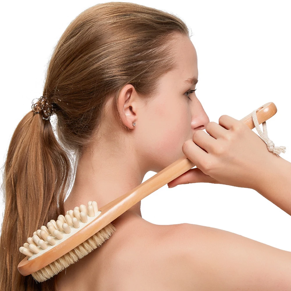 

Natural Long Wooden Body Brush Massager Bath Shower Back Spa Scrubber Double-Sided Massage Bathroom Bristle Shower