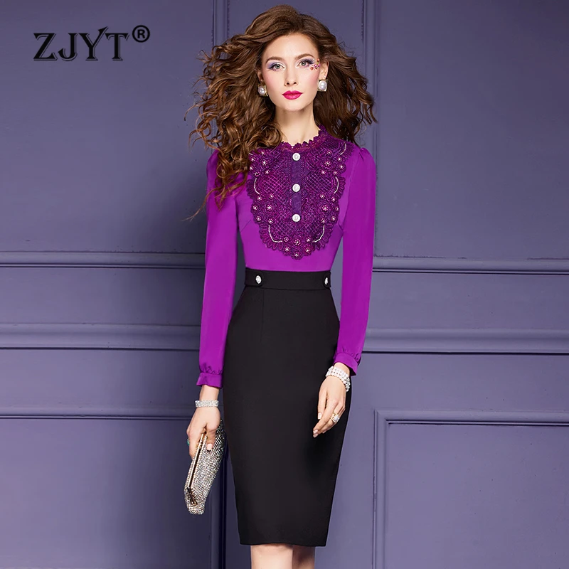 

ZJYT Women's Embroidery Patchwork Pencil Dress Office Lady Work Wear Fashion Spring Long Sleeve Formal Party Dress Plus Size 4XL