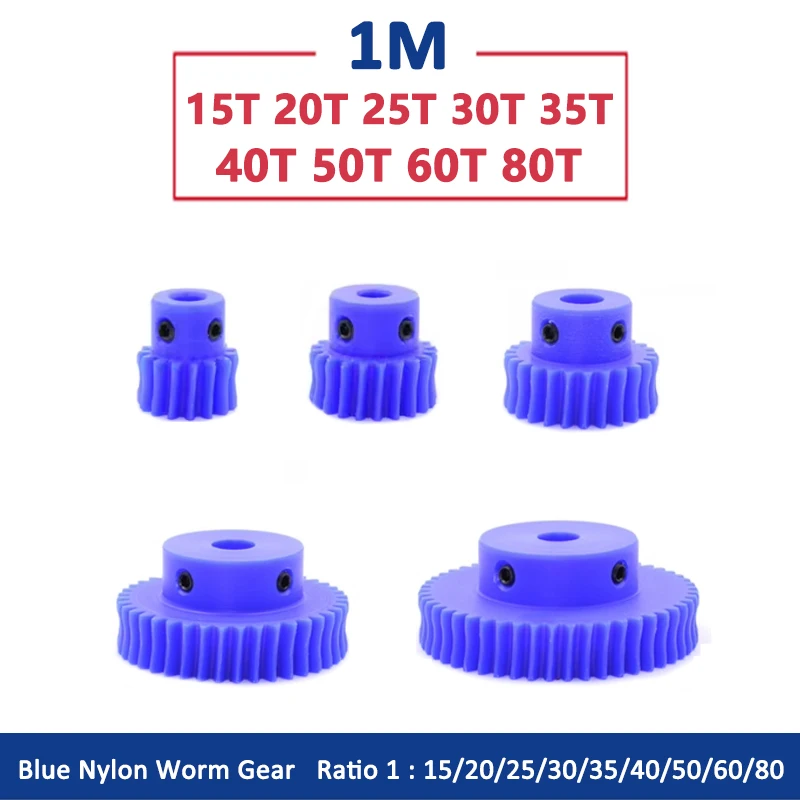 1pc 1M Blue Nylon Worm Gear 15 20 25 30 35 40 50 60 80 Teeth Plastic 1 Module Turbine Speed Ratio 1:15/20/25/30/35/40/50/60/80