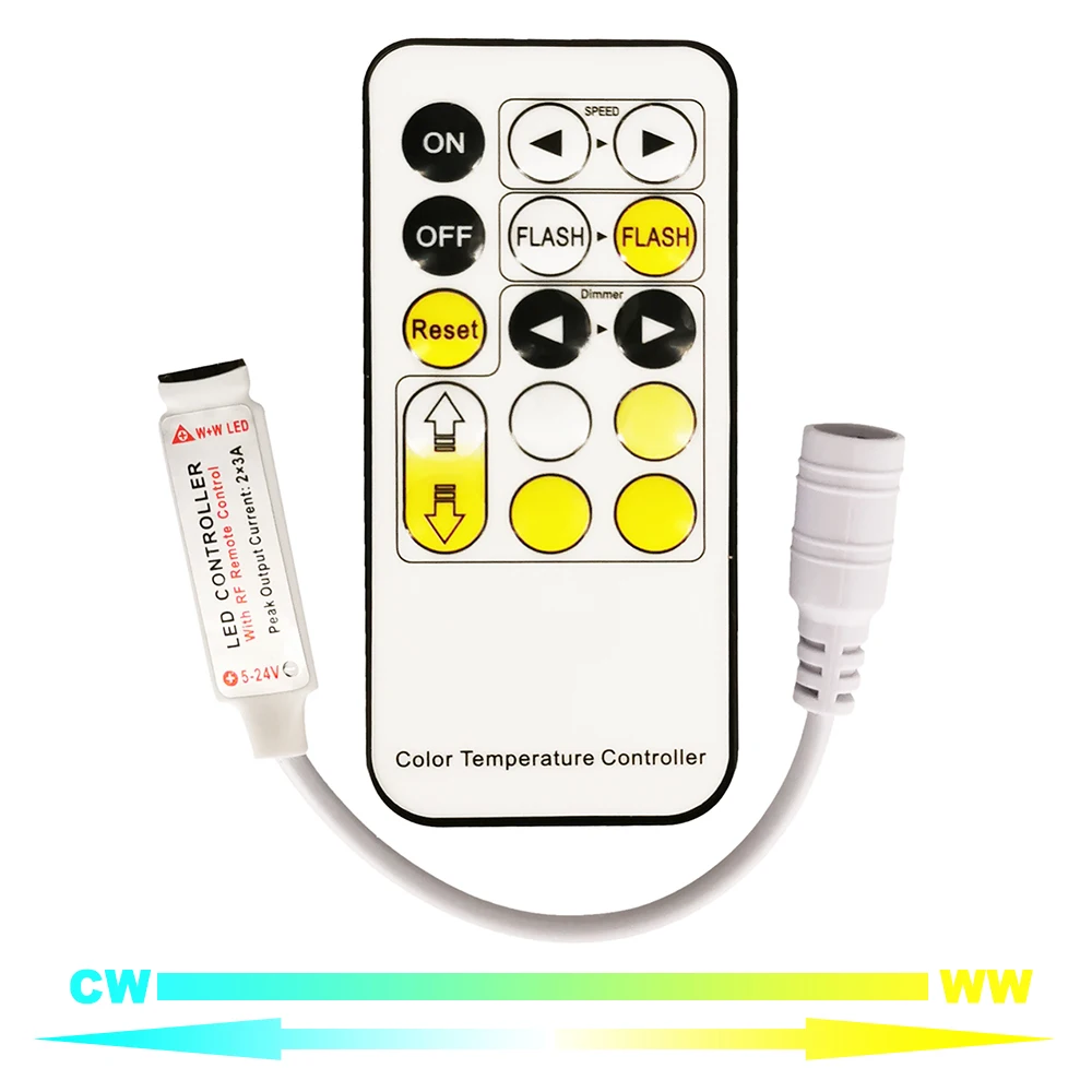 CCT Led Controller 15keys RF Wireless Remote Dimmable Adjust Brightness For 2835 5050 WW+CW Dual Color Strip Light DC5-24V 3A/CH