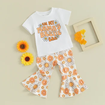 Toddler Kids Baby Girls Summer Clothes Letter Floral Print Short Sleeve T-shirts+Flare Pants Children Holiday Beach Clothing 2