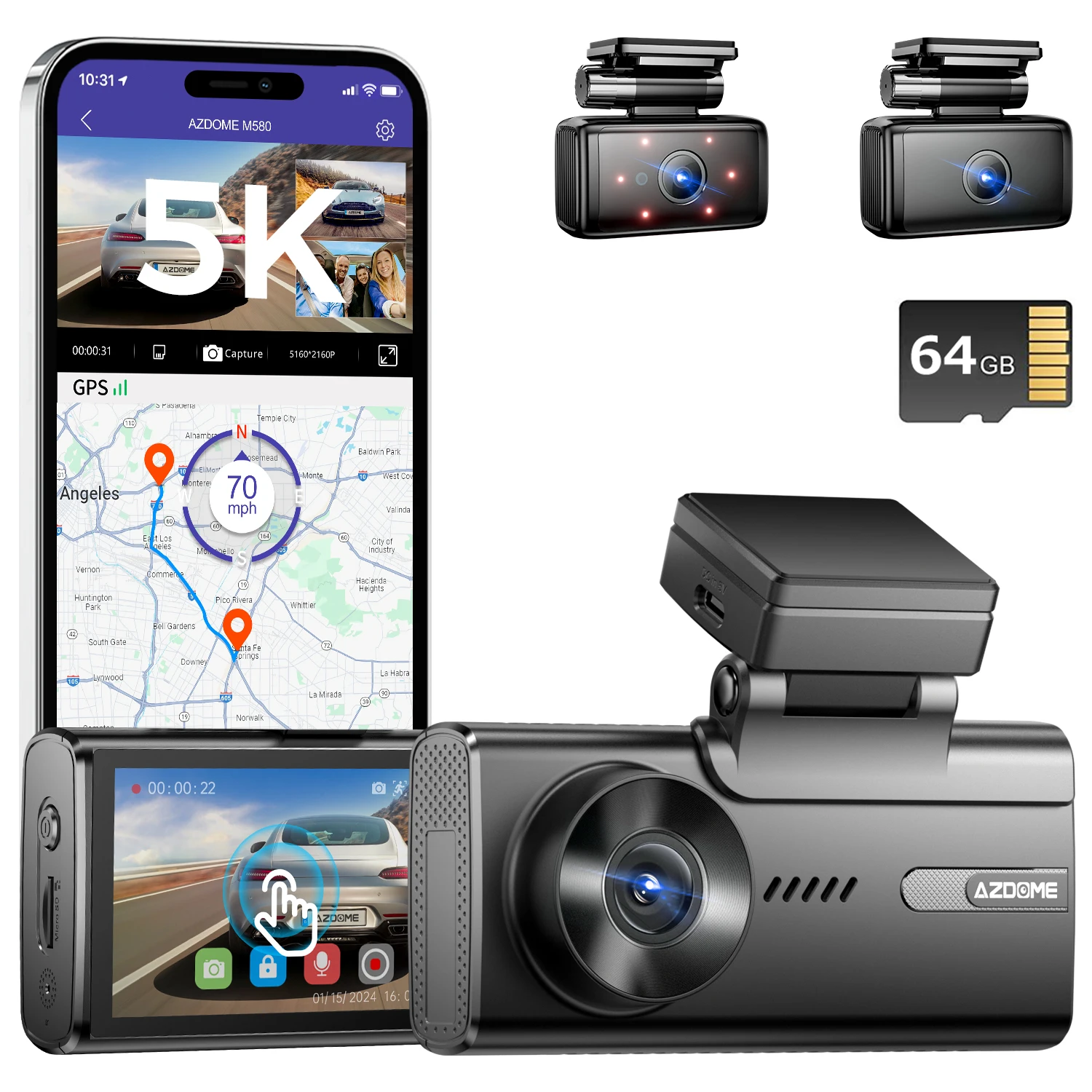 

AZDOME M580 Car DVR 5K Dash Cam GPS 3 Cameras 1080P Cabin Rear WiFi Free APP Emergency Record Parking Monitor Loop Recording