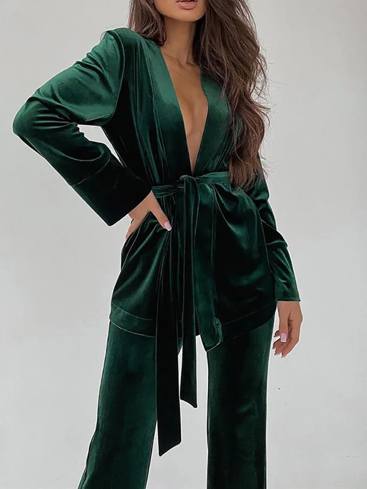 

Женский офисный комплект из двух предметов, элегантный топ с V-образным вырезом и облегающие брюки, уличная одежда, повседневный пиджак на шнуровке