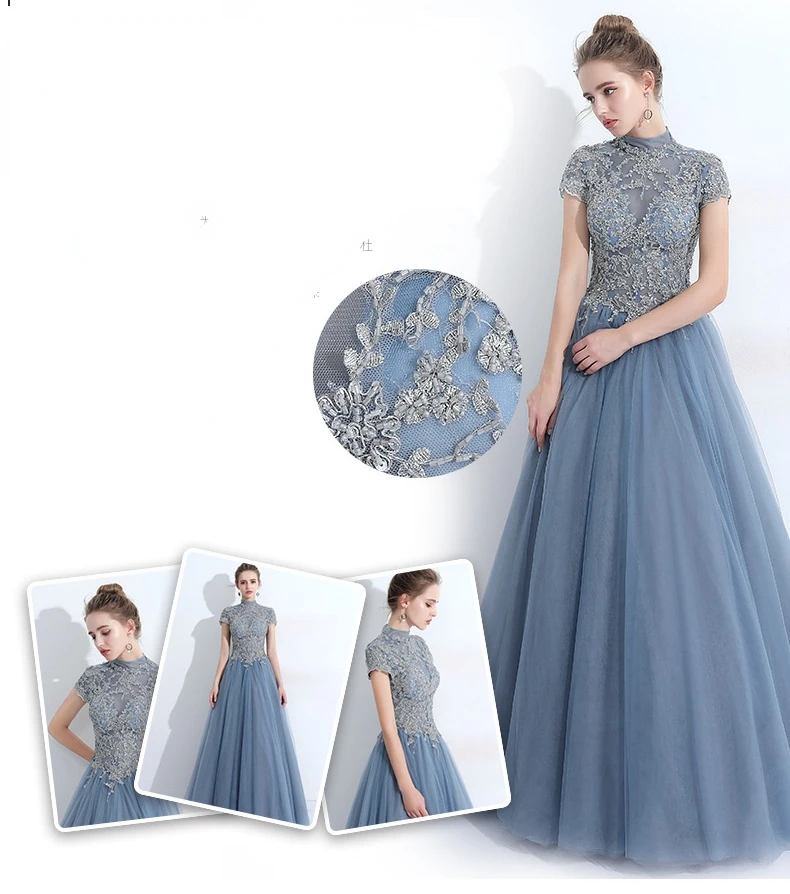 J2177 Blue Evening Dresses Elegant Women Vestido Stand Collar High-Neck Backless Floor Length Ball Gown Lace Up Tulle Long Dress long sleeve evening dresses