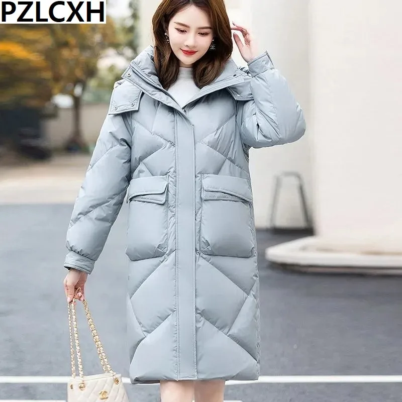 2023 New Women Down Jacket Winter Coat Female Warm Loose Parkas Mid Length Version Thick Outwear Fashion Hooded Overcoat S-2XL