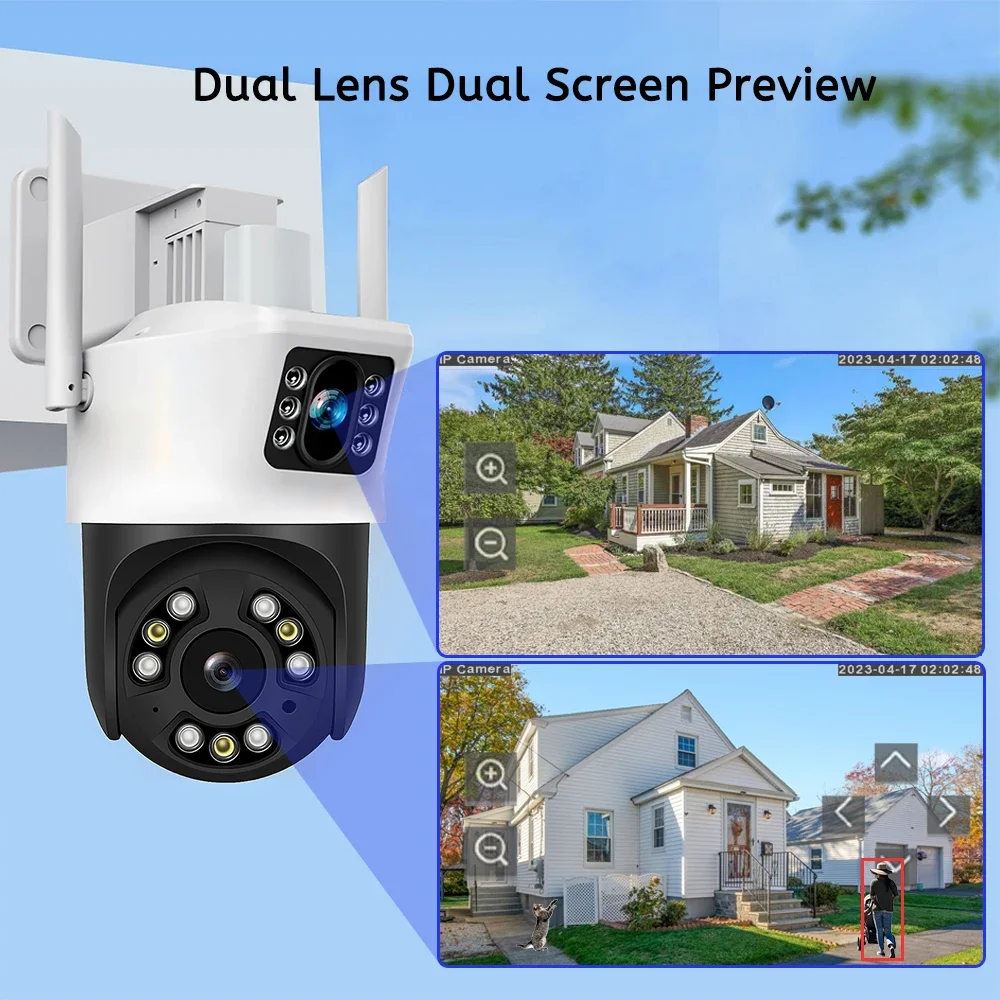 듀얼 렌즈 와이파이 보안 IP 카메라 집 밖의 듀얼 스크린 컬러 나이트 비전 자동 추적 PTZ 카메라 양방향 토크 인간 탐지 감시 카메라 캄히 앱