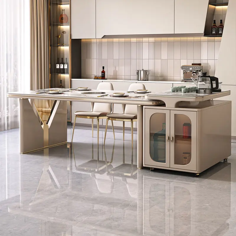 High-end household small apartment retractable villa Zhongdao platform with induction cooker light luxury rock slab island table
