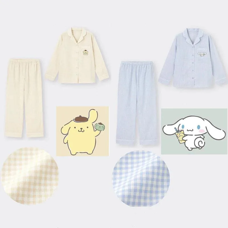 

Kawaii Sanriod Anime Series Cinnamoroll Pom Pom Purin Girl Heart Pajamas Pure Cotton Long Sleeve Trousers Cute Lattice Suit Gift