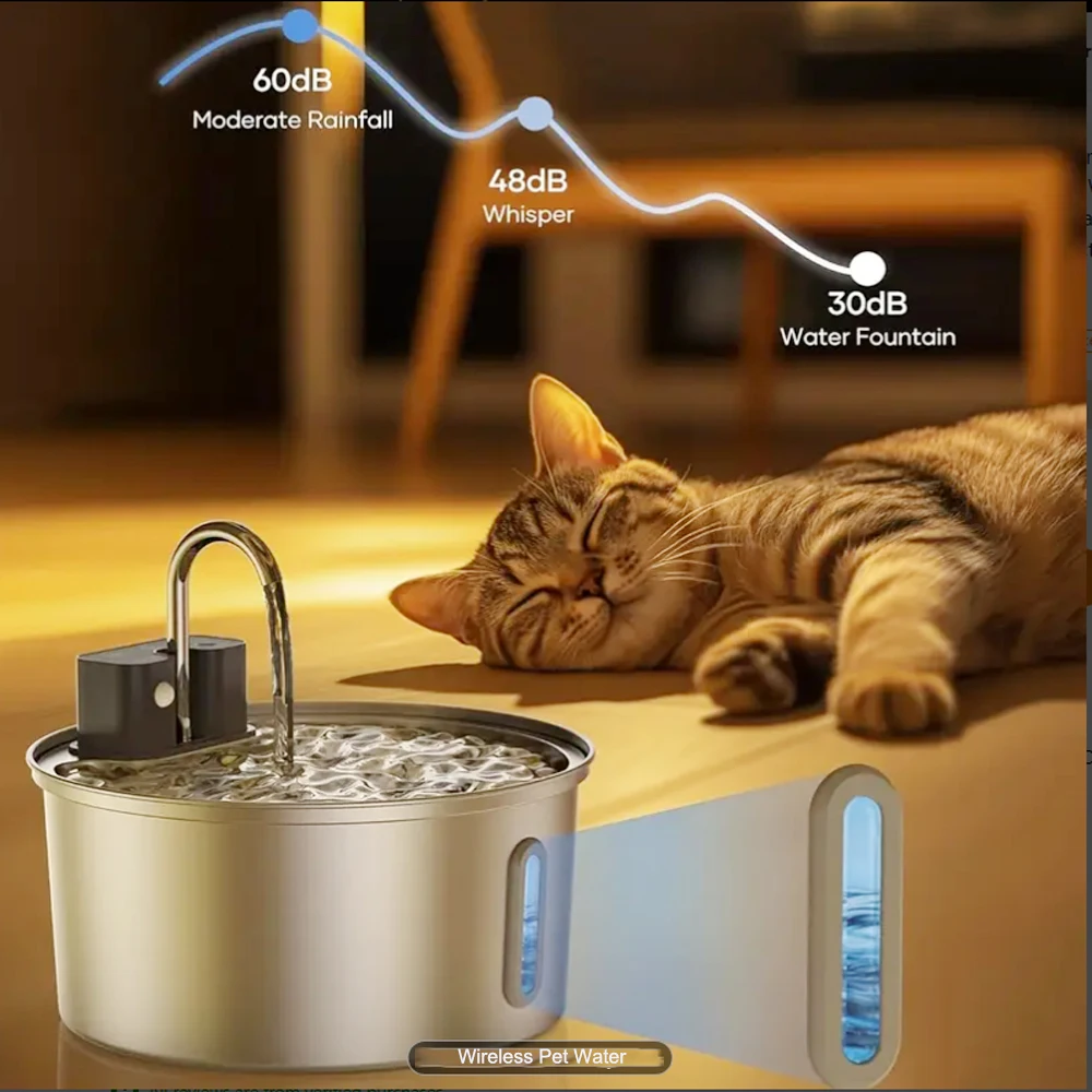 3.2L Auto Wireless Rechargeable Motion Sensor Cat Water Feeder Stainless Steel Cat Dog Pet Water Fountain Silent(No 5V 1A Plug)