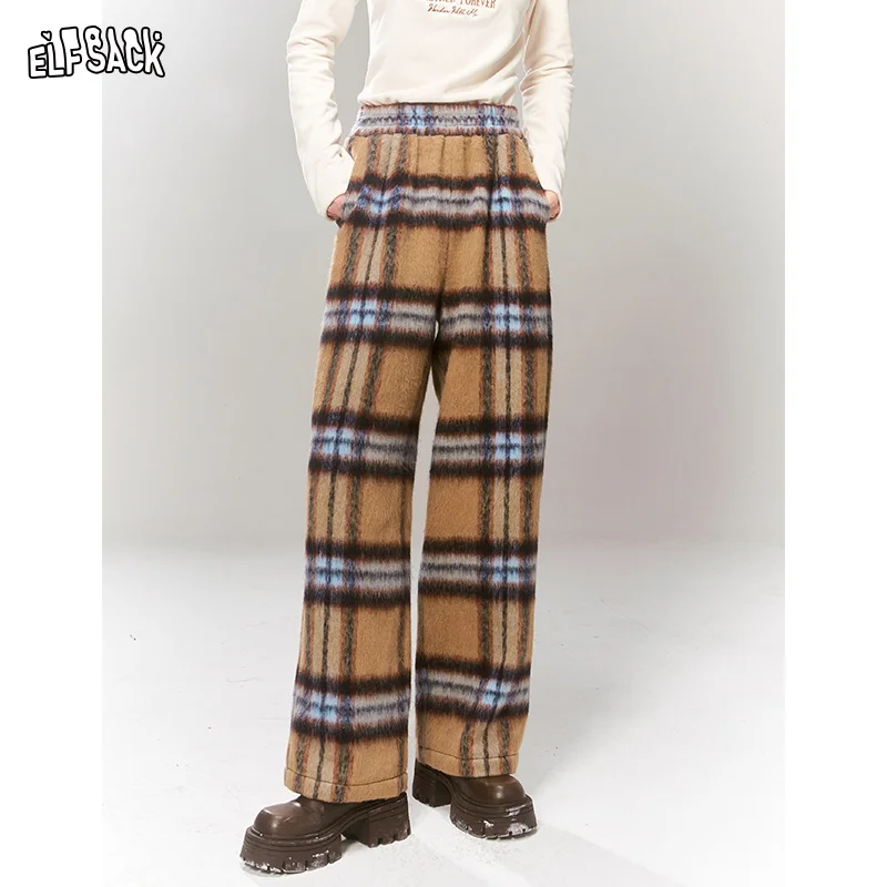 ELFSACK 2000s Plaid Straight Pants Women 2023 Winter New Retro Korean Fashion High Waist Designer Trousers designer women fashion retro rivet belt wide elastic stretch wild leather waistband female coat fur hige waist belt accessory