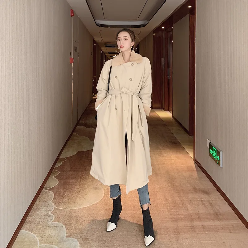 

Женский двубортный Тренч средней длины, свободное утепленное пальто из искусственного кашемира со шнуровкой и меховым воротником, зима 2021