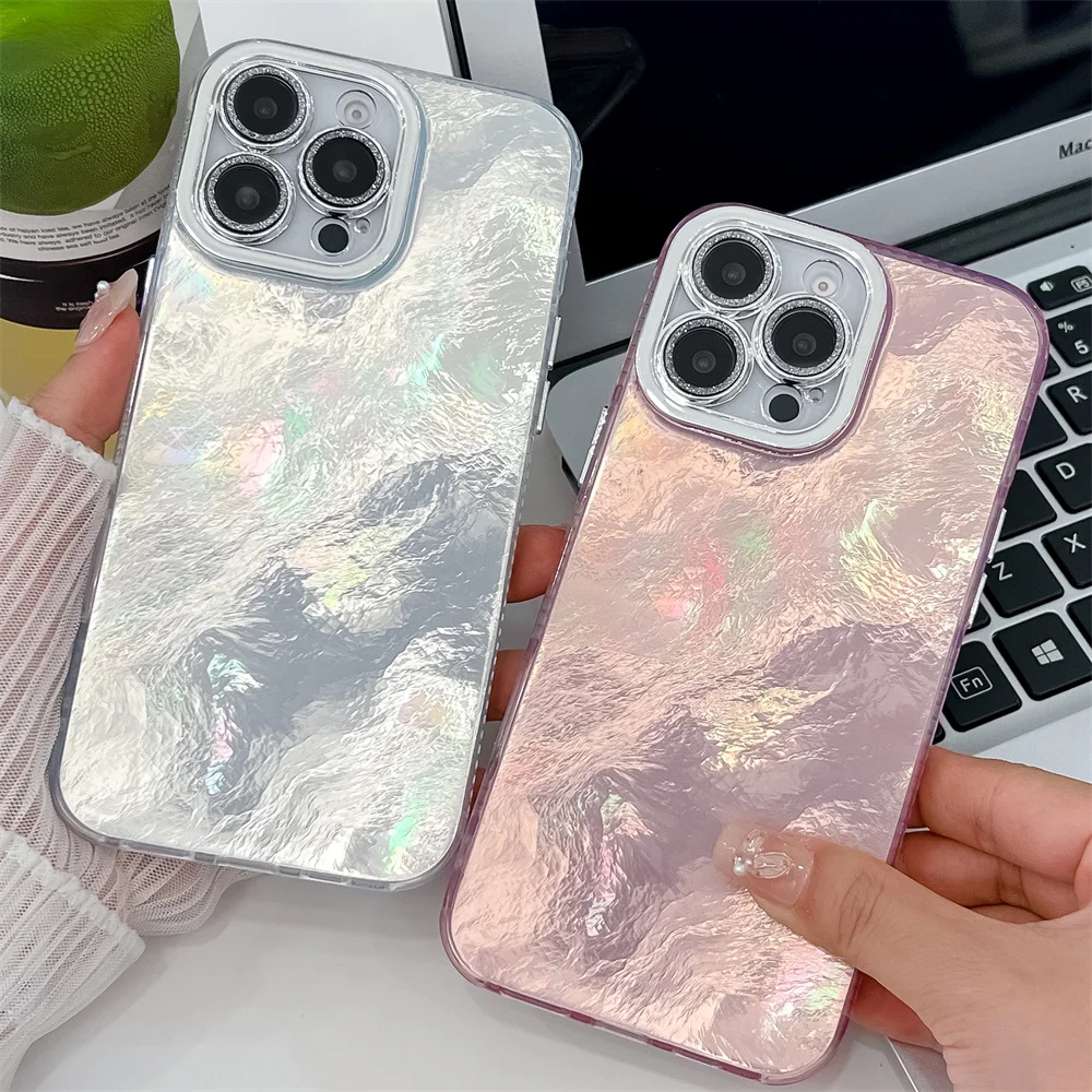 Custodia per telefono con glitter plissettato e increspature dell'acqua abbaglianti per iPhone 16 15 14 13 Pro Max, protezione per obiettivo lucido, antiurto, con retro glitterato_voghion.com