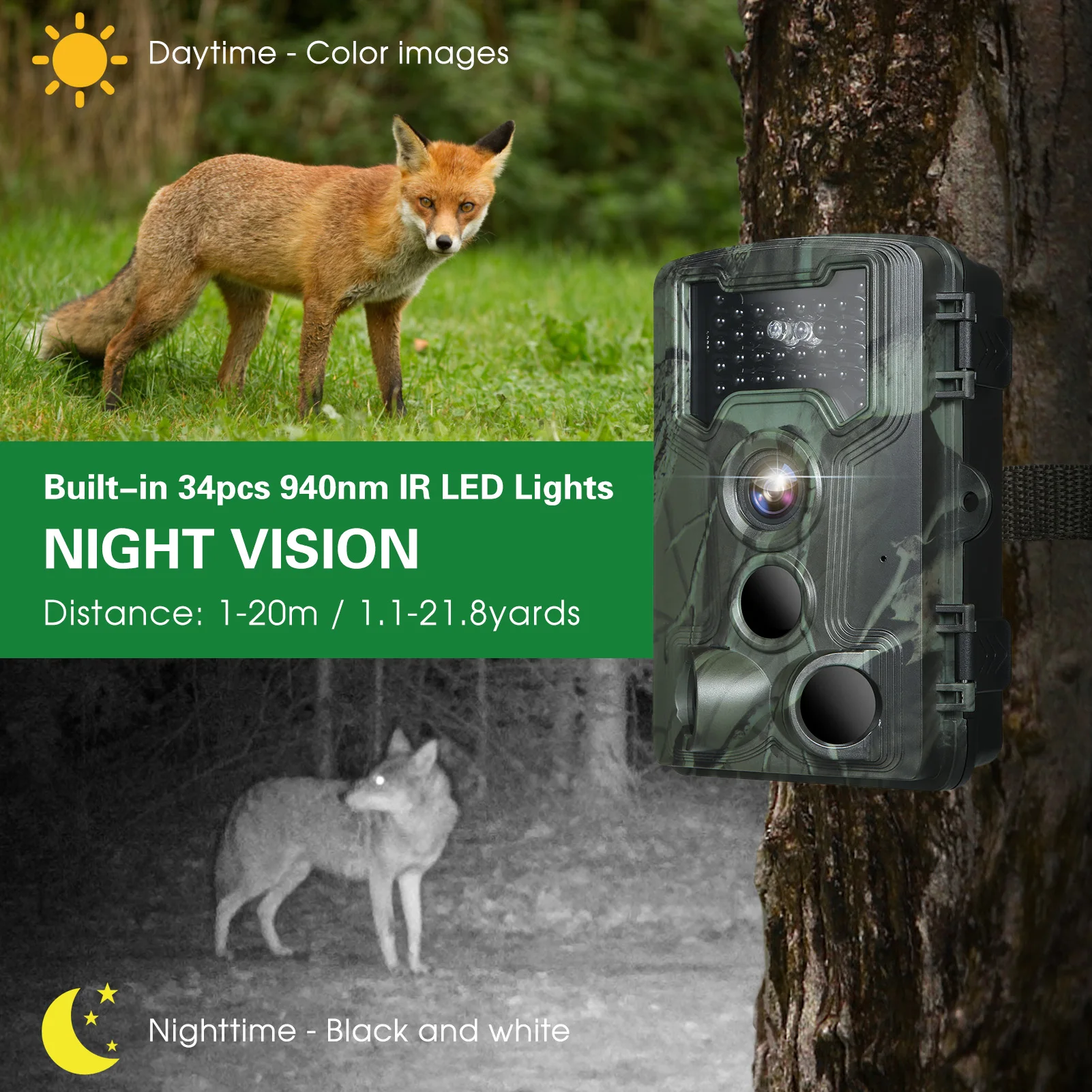 PR1000 Hunting Camera 36MP 1080P IR Night Vision 3 PIR Sensors 0.3s Trigger Speed IP66 Waterproof Motion Activated Trail Camera