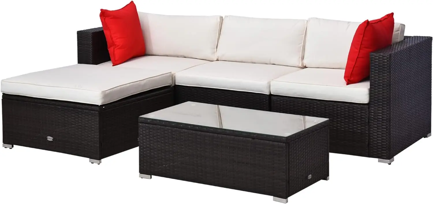 

5pcs Patio Furniture Set w/ Cushions, Outdoor PE Rattan Wicker Sofa Set, Sectional Furniture with Pillows, Glass Coffee Table