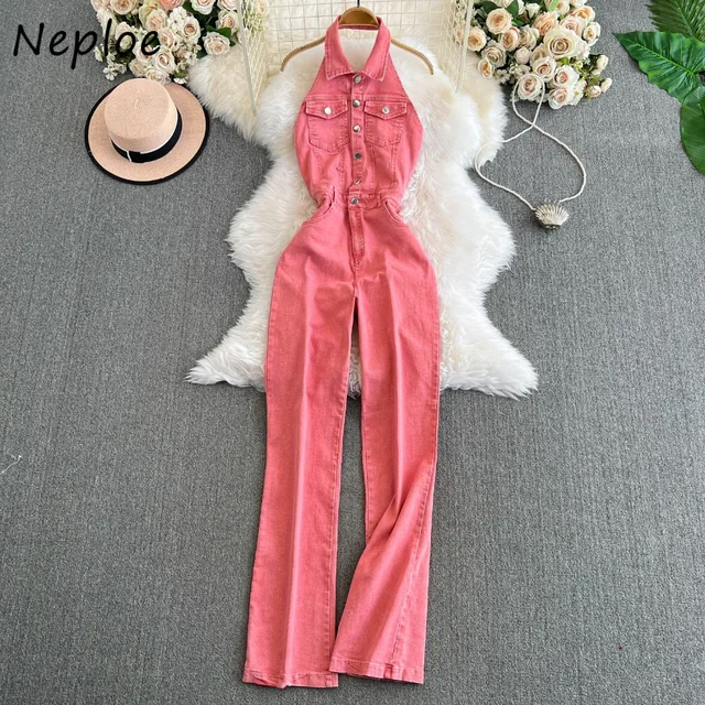 Neploe New Vintage Turn-down Collar Sleeveless Bodysuit Korea High Waist Elegant Jumpsuit Safari Style Denim Straight Ropa Mujer 1
