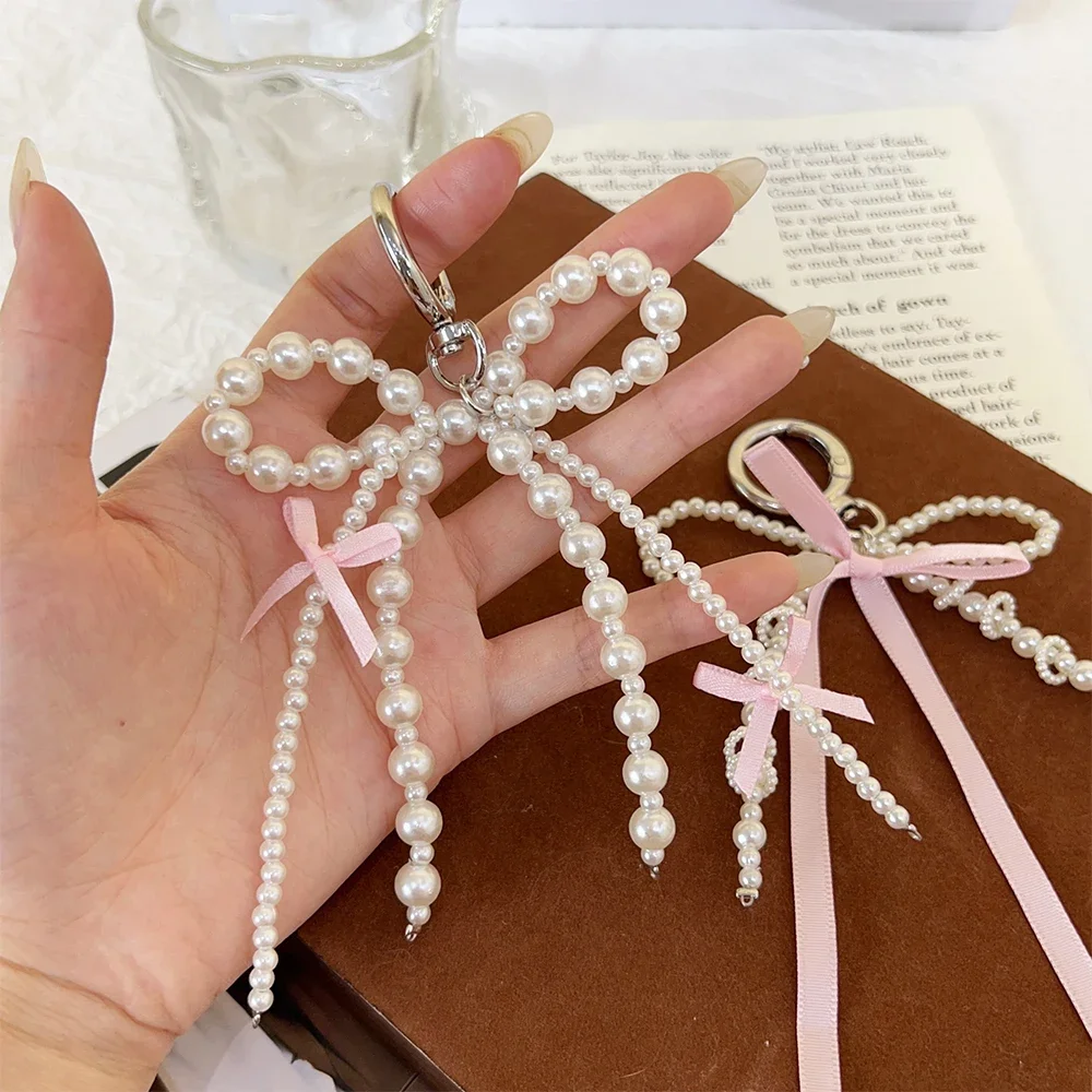 New Bowknot Sliver Heart Pendant Keychain Women Girl Pearl Bow Backpack Key Ring Handmade Buckle Pink Cute Sweet Key Accessories