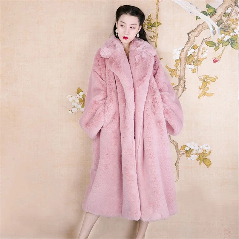2024 Winter Women High Quality Faux Mink Fur Coat Luxury Long Fur Coat Lapel Overcoat Thick Warm Plus Size Female Plush Coats