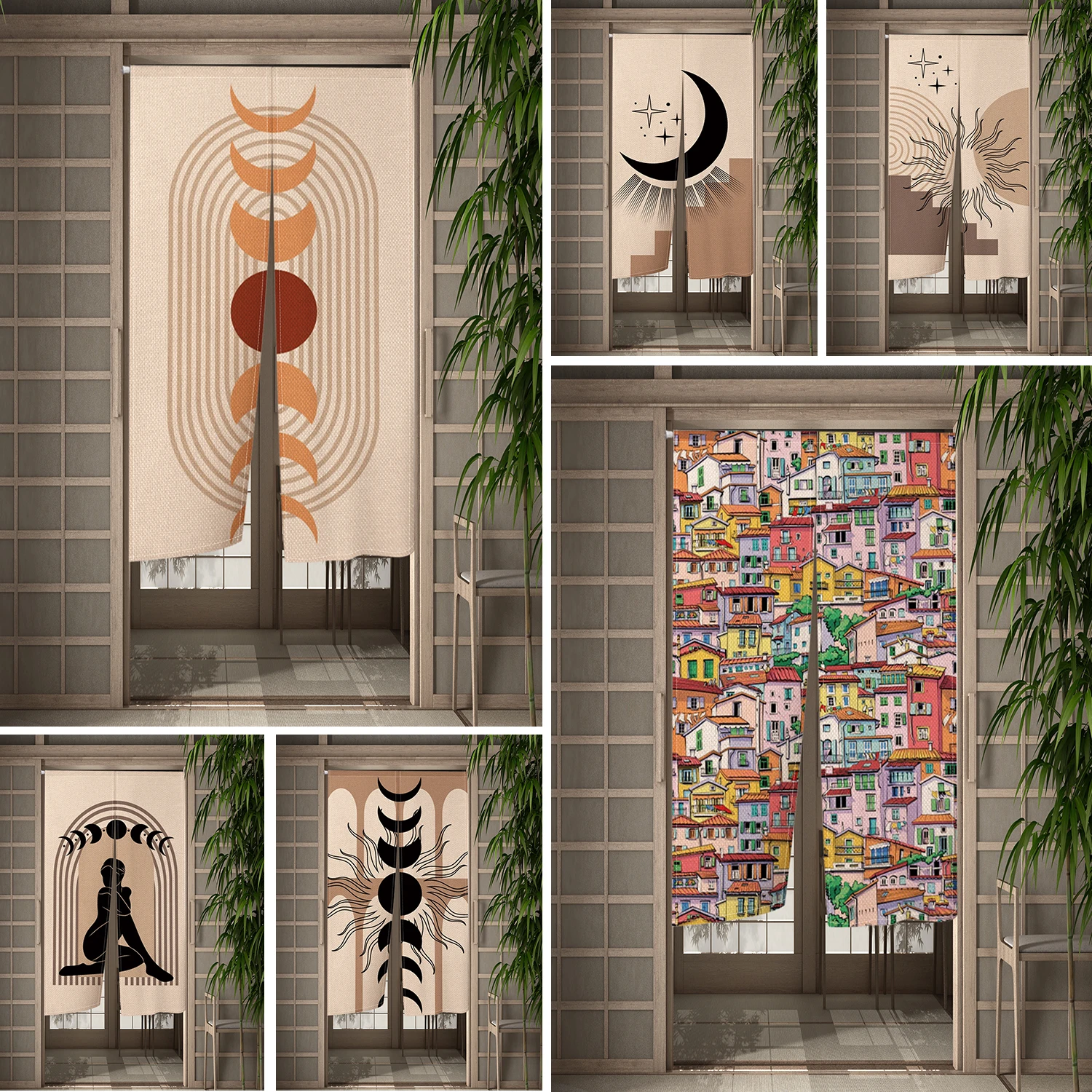 

Sun and Moon Japanese Door Curtain 3D Printed Partition Kitchen Doorway Decor Drapes Curtains For Living Room Blackout Curtain
