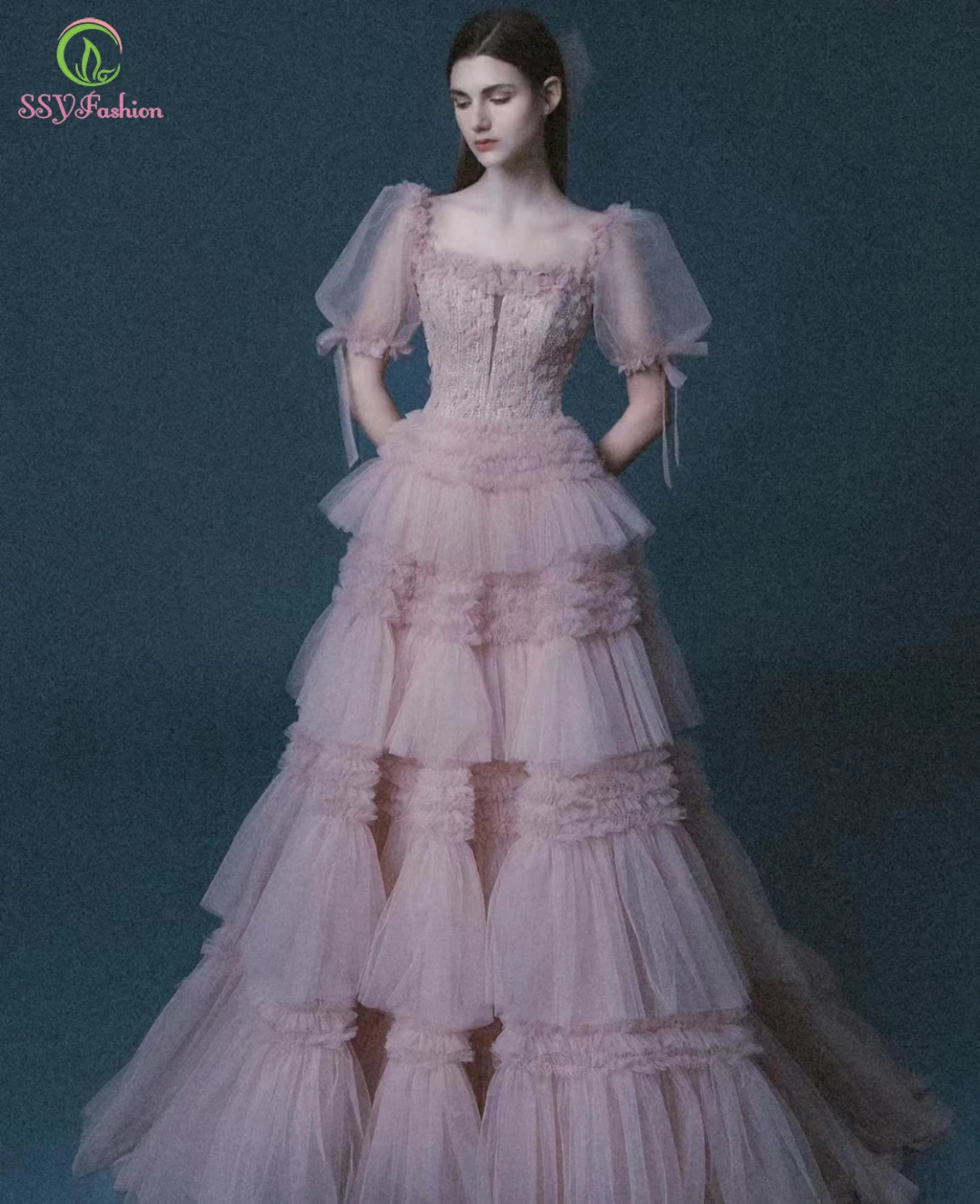 

SSYFashion New High-end Evening Dress for Women Luxury Pink Puff Sleeve A-line Lace Flower Prom Party Gowns Vestidos De Noche