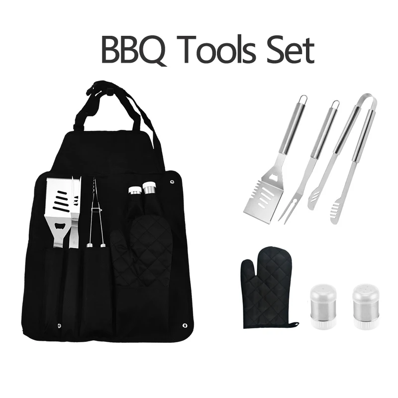 StainlessSteelBBQToolsSetSpatulaForksClipsApronGloves