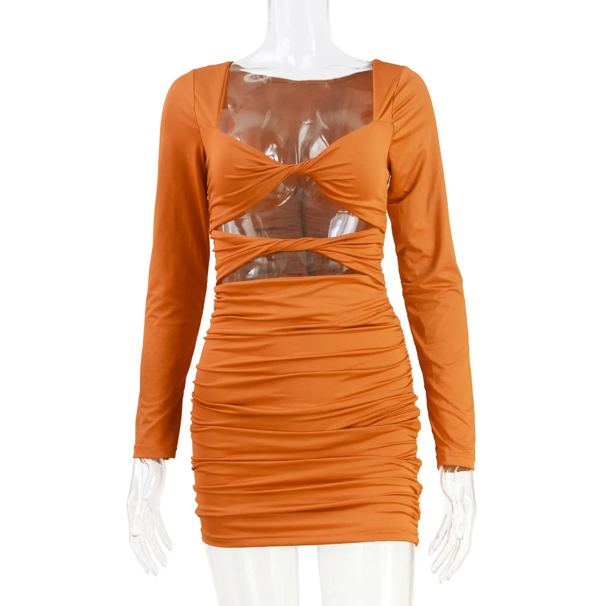 Summer Women Sheath Dress Long Sleeves Short Bandage Dresses Fashion Clubwear Party Hollow Sexy Bodycon Ruched Sundress